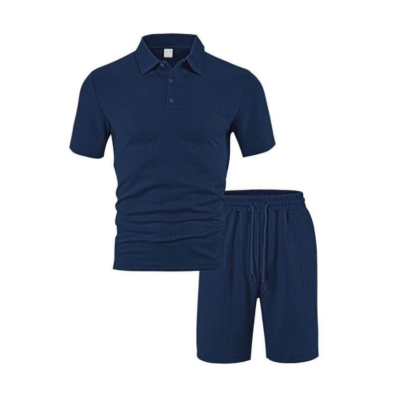 Mens Casual Two Piece Outfit Waffle Knit Short Sleeve Polo Shirt And Drawstring Shorts Set