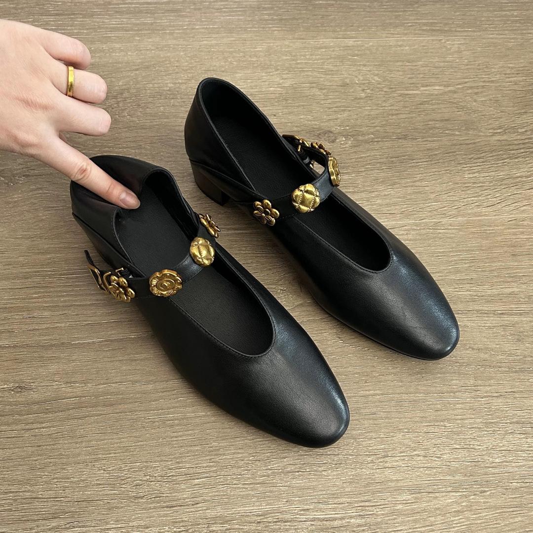 

Cowhide version~ high-end soft leather retro Mary Jane shoes women s word with flat ballet shoes light mouth single shoes 39 чорний