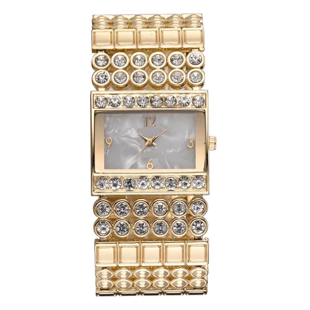 Fashion Alloy Band Quartz Watch Special Square Dial Shape Rhinestone Female Watch (Gold)