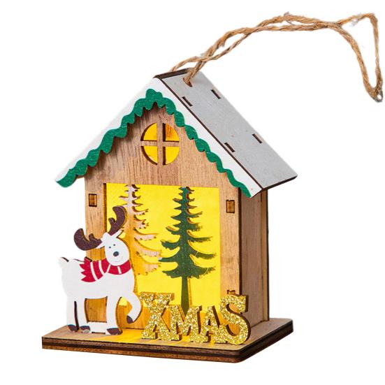 Yousheng Wooden Christmas Decor with LED Light 3D Carved Hanging Wood Star/Village House/Bell/Gift Box Ornament for Xmas Tree Decor