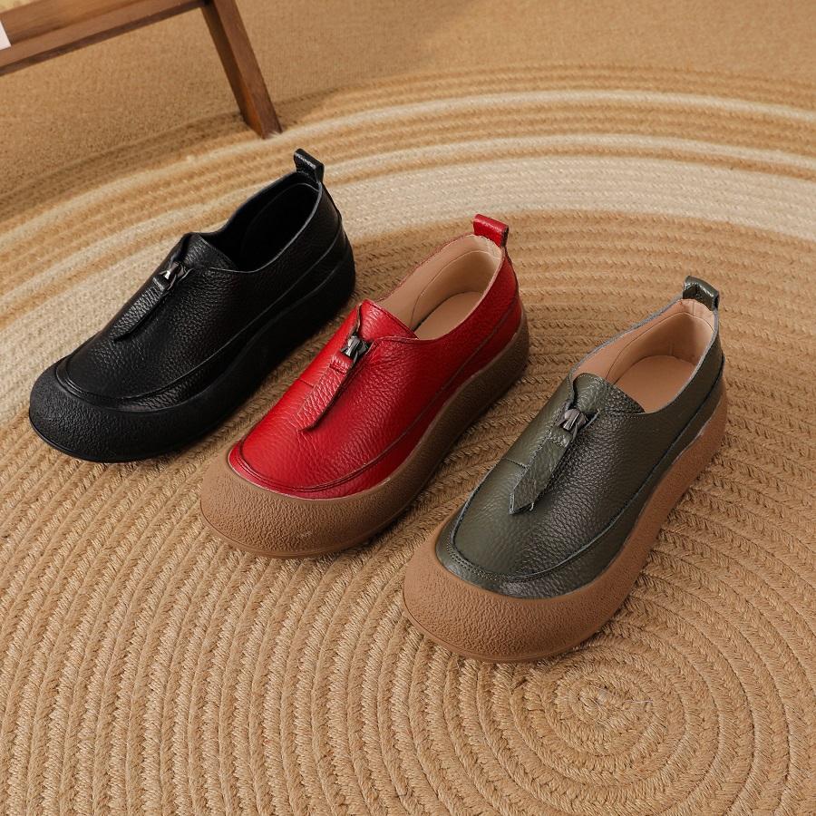 New Zip Up Flats Shoes for Women Real Leather Moccasins Woman Unique Luxury Flat Driving Shoes Ladies Red Flats Mom Casual Shoes