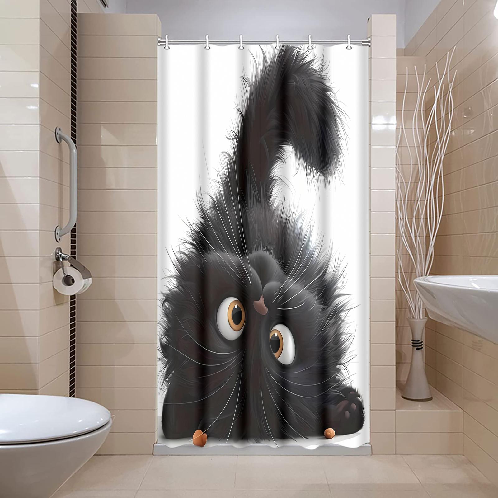 

1Pc Fluffy Black Cat Pattern With Hooks Shower Curtain, High-End Elegant, Bathroom Partition, Suitable For All Seasons. W60H190(CM)-1 Pcs