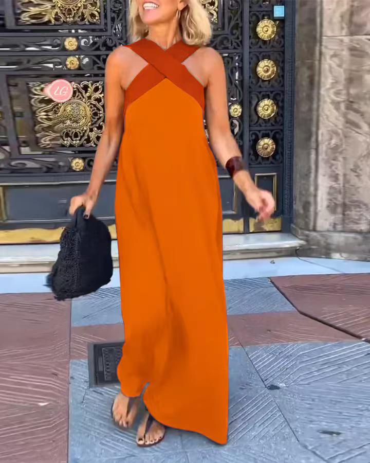 2026 Cross-Border European American Fashion Patchwork Strapless Halterneck Vacation Dress