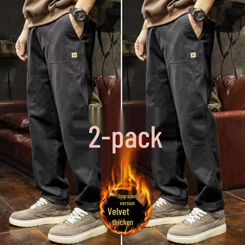 Men's Fleece-Lined Casual Cargo Pants - Straight Leg, Loose Fit, Plus Size, Autumn/Winter.