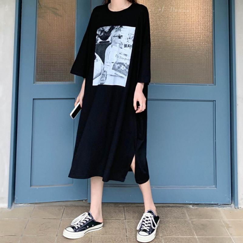 Damen Kurzarm T-Shirt Kleid Sommer Knielang Über Knie Kleid Zeig Schlank Kleid