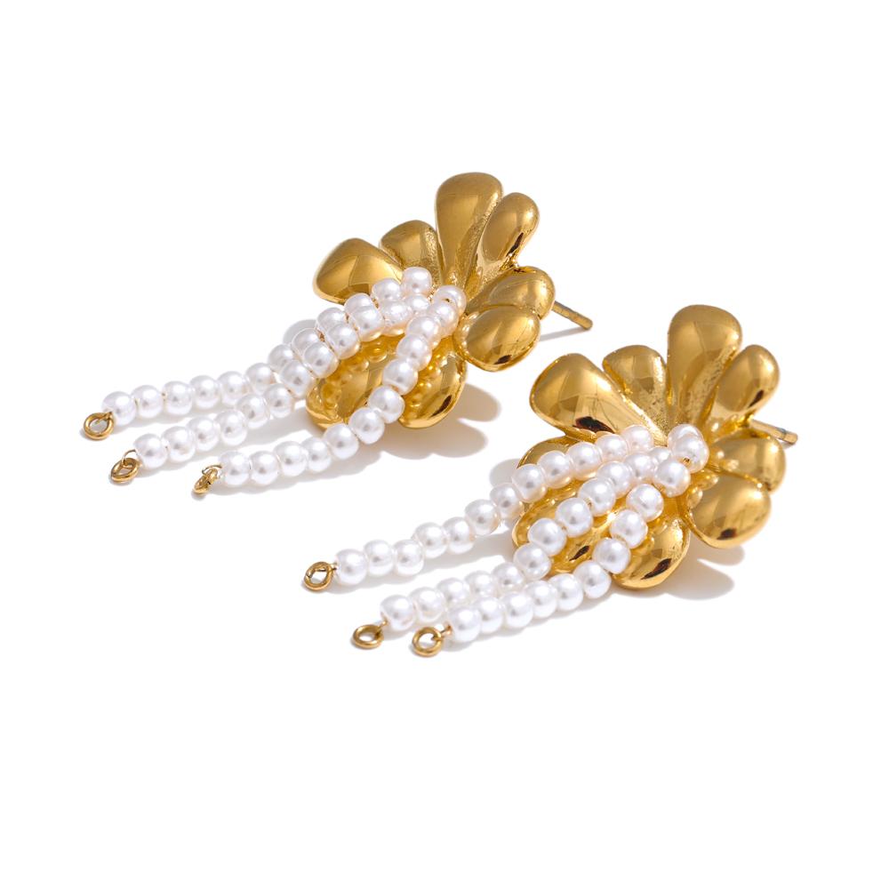 Yhpup Elegant Stainless Steel Flower Tassel Simulated Pearls Drop Dangle Earrings Exquisite Temperament Stylish Daily Jewelry