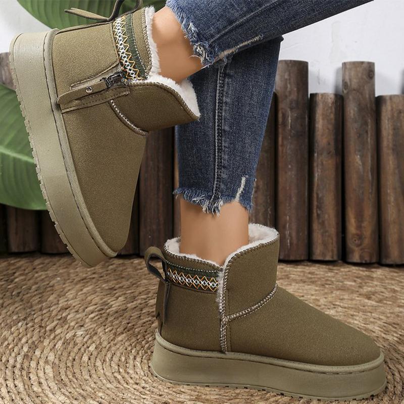 Classic Embroidery Faux Fur Ankle Boots Women Winter Side Zipper Platform Warm Snow Boots Woman Round Toe Non Slip Botas Mujer