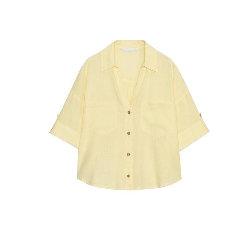 Spring New Women's Clothing Simple Stickers Pocket Decoration Linen Blended V-neck T-shirt Shory Style Shirt Tops 2187572