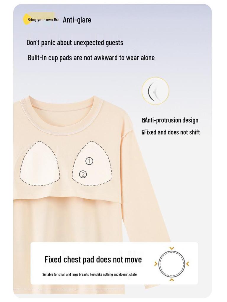Women's Cartoon Pajama Set with Chest Pads - Long Sleeve & Pants for Spring & Autumn, Wear Indoors or Out