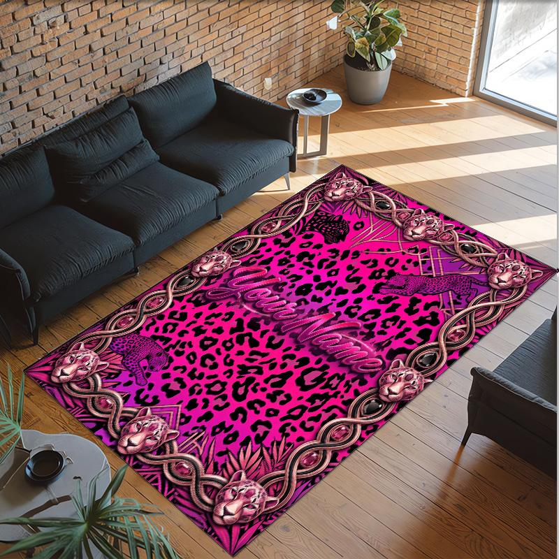 Leopard Theme Crystal Velvet Floor Rug Personalized Custom Name Text Warm Carpet Home Decoration