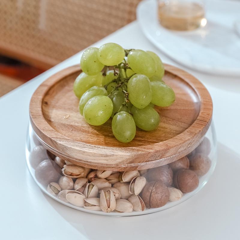 Acacia Wood Double-Layer Candy Bowl with Glass Lid for Living Room Coffee Table