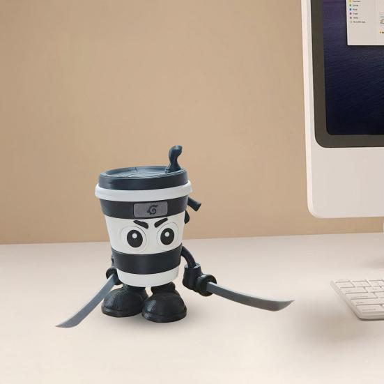 Cappuccino Cup Figurine with Weapon 3D Printed Ninja Shaped Coffee Cup with Movable Joints Collectible Ornament for Coffee Lovers And Anime Fans