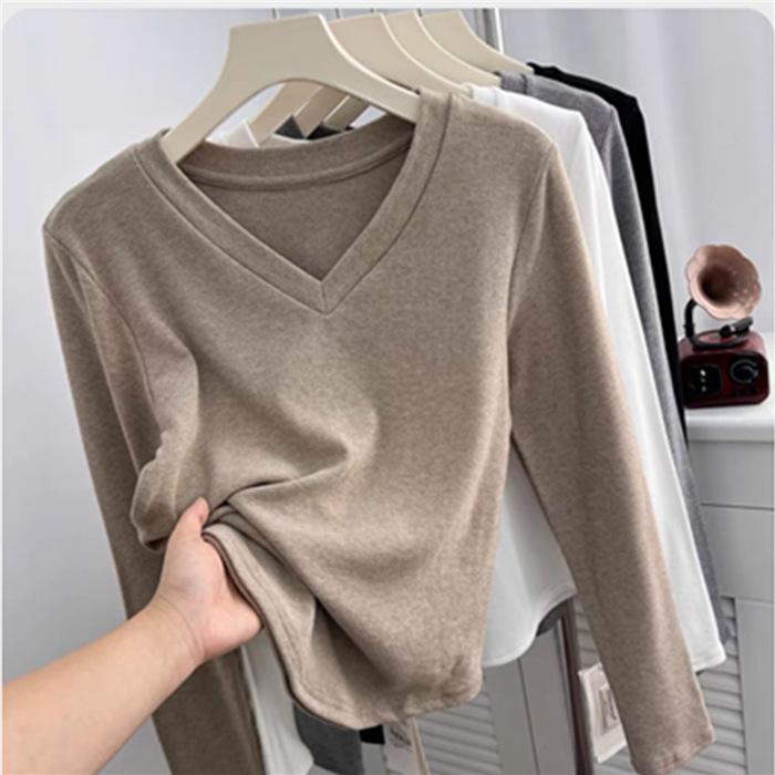 Pulover scurt moale și pufos, cu blană periată de toamnă și iarnă, cu temperament simplu, cu decolteu în V, cu mâneci lungi, cămașă slim și slăbită pentru femei