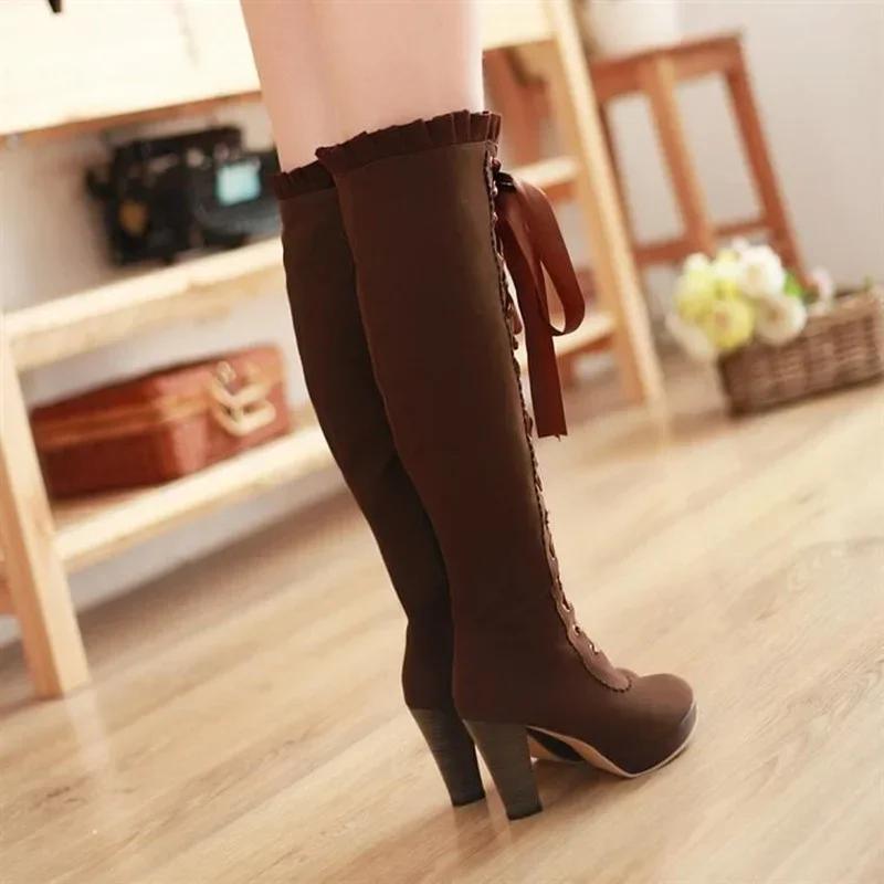 Fashion Women's High Boots Autumn Winter Sexy Lace Up Knee-high Boot Female Shoes Boots Women High Heels Leather Woman Boot