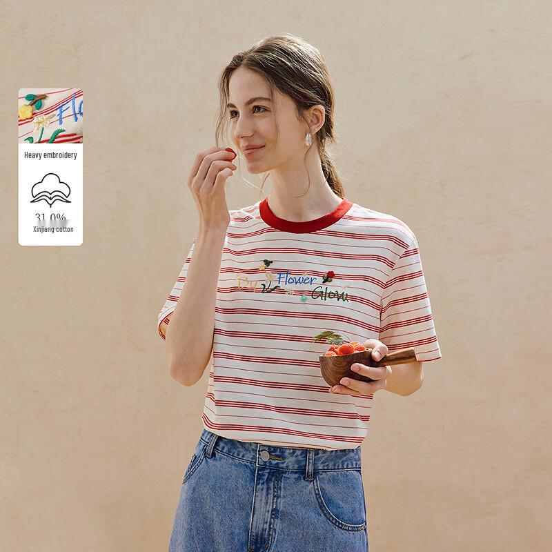 

INMAN Women s Embroidered Striped Round Neck T-Shirt M