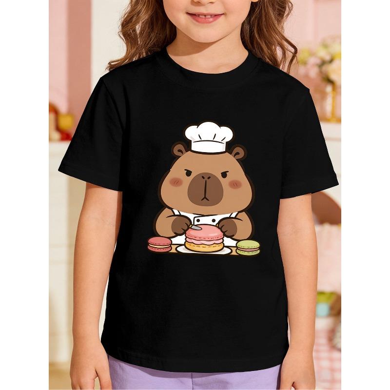 European sizes Girl's Chef Capybara Pattern Short-Sleeve T-Shirt, Kids' Summer Casual Top, Comfortable and Versatile, Suitable for Outerwear, Holidays
