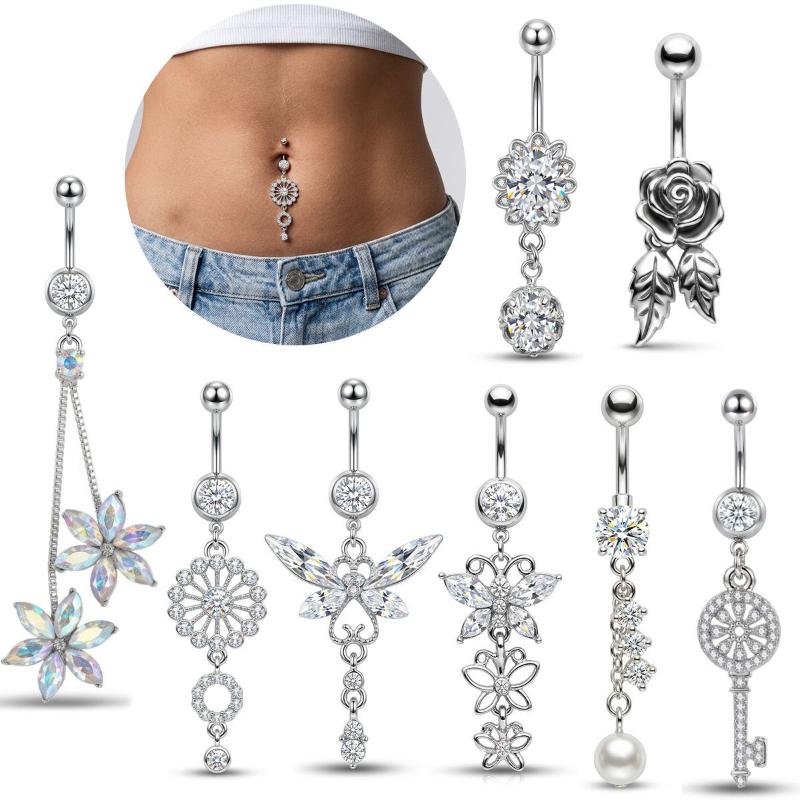 Butterfly Flower Belly Button Rings Rose Key Navel Piercing Jewelry Set For Women Beach Party Body Belly Jewelry Gift