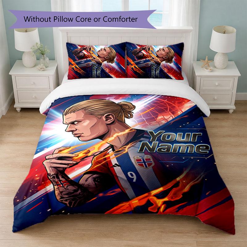 Erling Haaland Custom Name Text Bedding Set 1 Duvet Cover+2 Pillowcases Soccer Logo Personalized Gift For Special Occasion Bedroom Decor