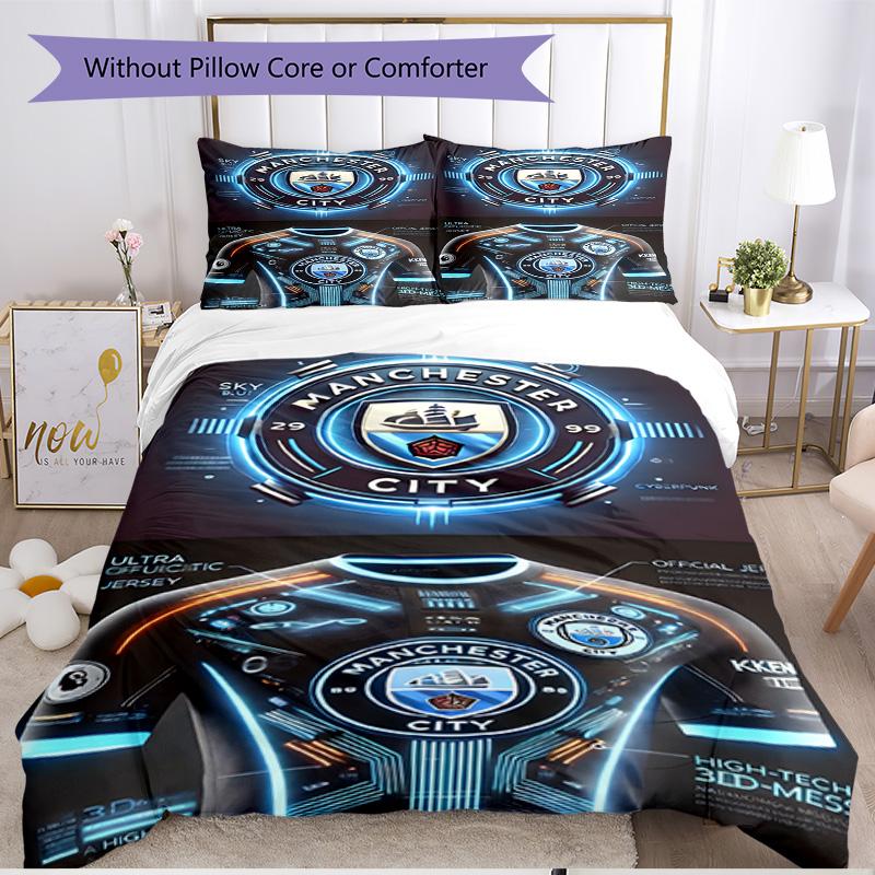 3pcs Duvet Cover Set (1*Duvet Cover + 2*Pillowcase, Without Core), Manchester City FC Print Soft All‑Season Bedding Set, Home Bedroom Decor Gift