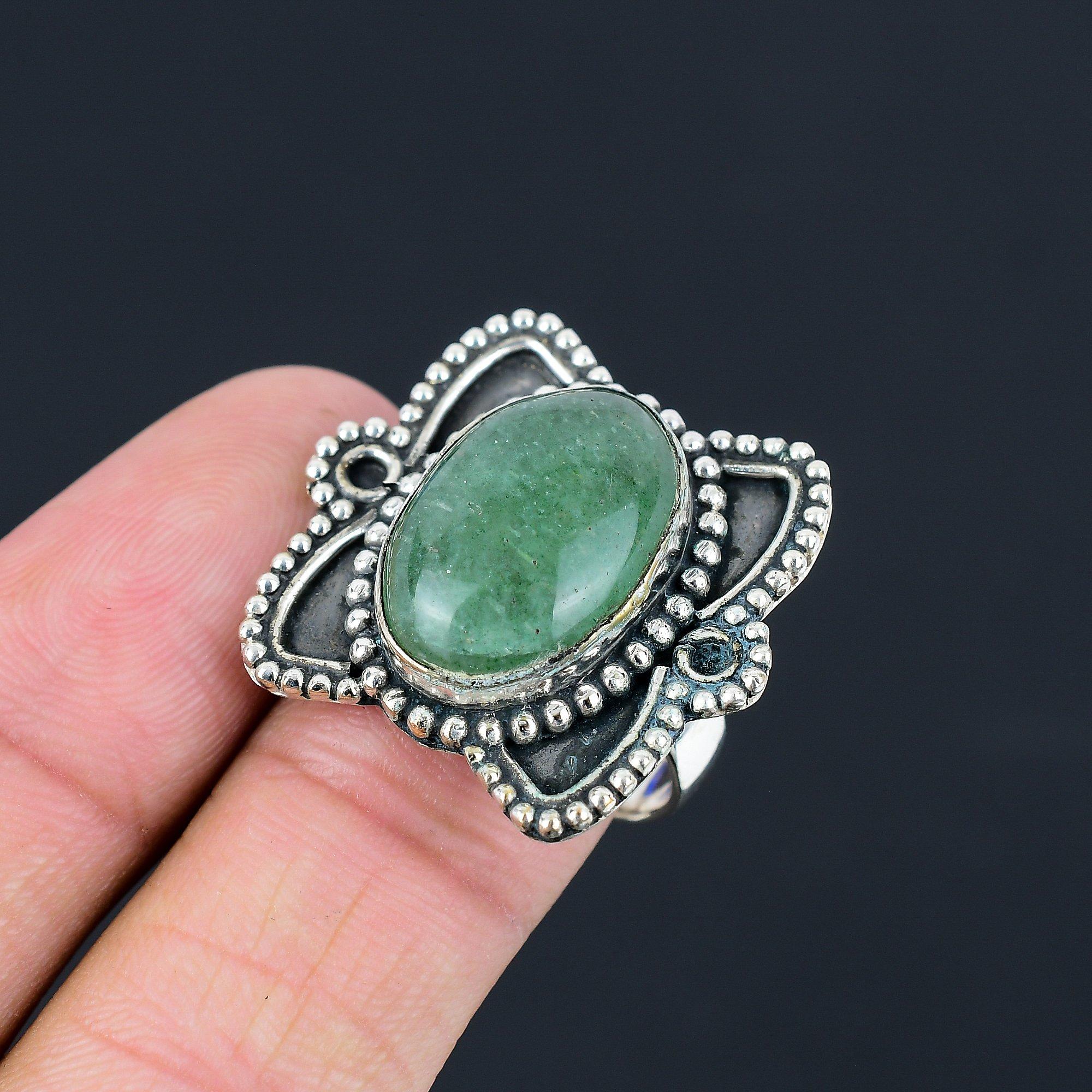 Овальный Зеленый Авантюрин Драгоценный Камень Сестра Заявление Модное Кольцо Ювелирные Изделия 925 Серебро 9