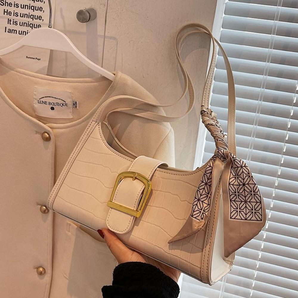 Vintage Underarm Bag with Scarf PU Leather Shoulder Bag Leisure French Stick Bag  Outdoor