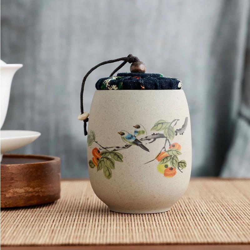 Portable Sealed Ceramic Tea Jar – Pottery Storage Canister with Plum, Orchid, Bamboo & Chrysanthemum Design