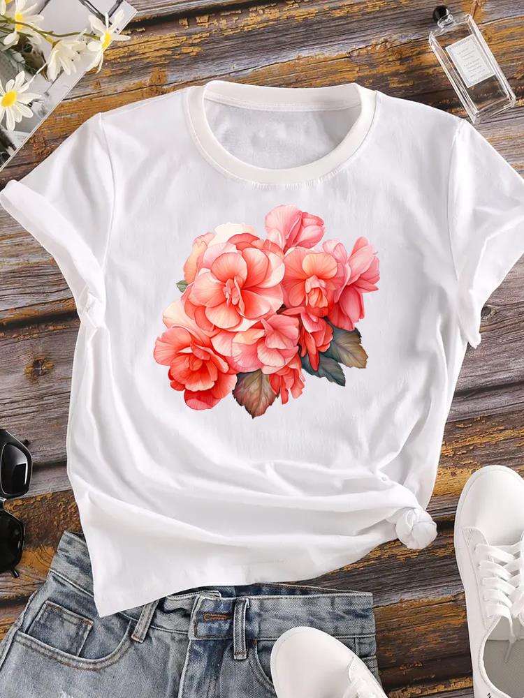 (Asian Size) Women Flower Watercolor Trend Cute 90s Short Sleeve Fashion Tee Top Clothing Print Lady Casual Tshirt Female Graphic T-shirts