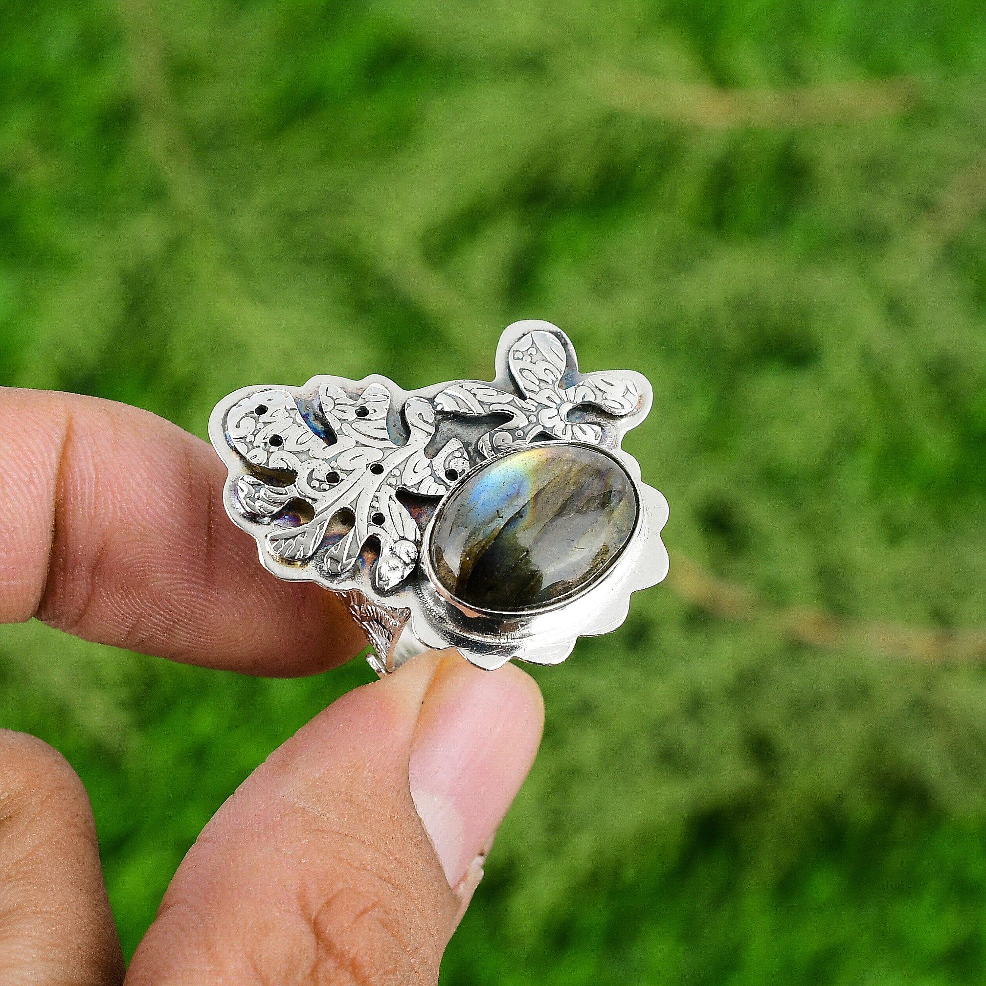 

Натуральный Лабрадорит Драгоценный Камень Заявление Регулируемое Кольцо 925 Серебро Для Девочек Adjustable