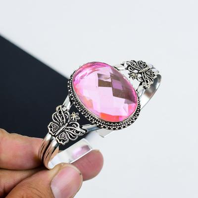 Bracciale rigido in argento sterling 925 fatto a mano con gemma di kunzite rosa naturale, bracciale in kunzite rosa, per moglie, bracciale unisex, regalo di fidanzamento