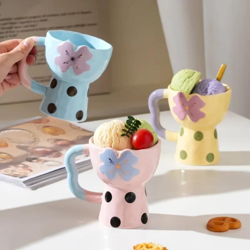 Cute Flower Patten Ceramic Bowl Ins Style Home Ice Cream Cup Dessert Cup Coffee Mug Gift for Girlfriends Home Kitchen Decor