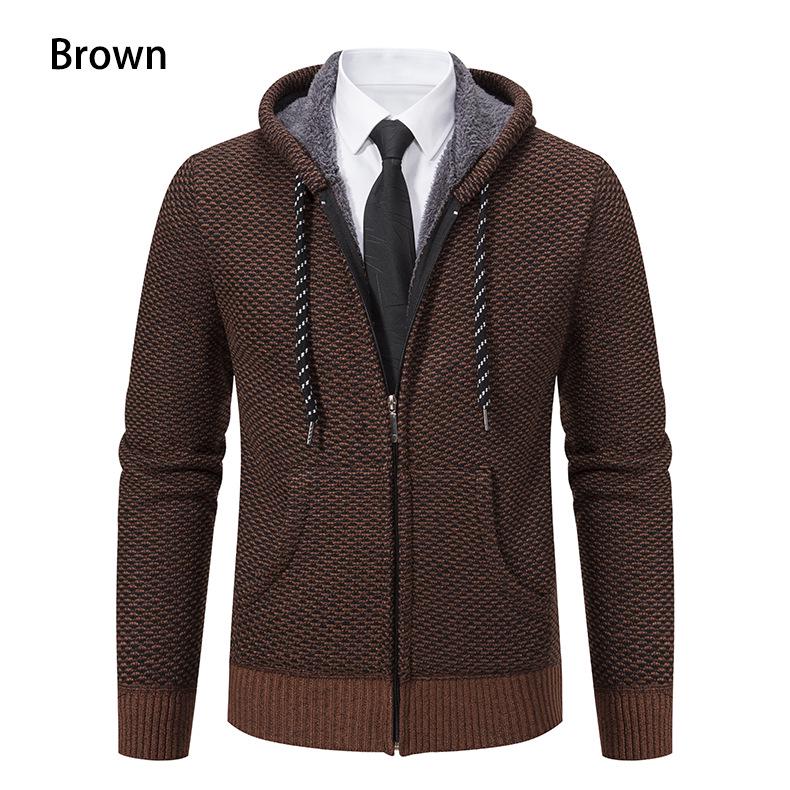Men's Hooded Fleece-Lined Knitted Cardigan - Thick, Plus Size, Autumn/Winter 2023 Collection.