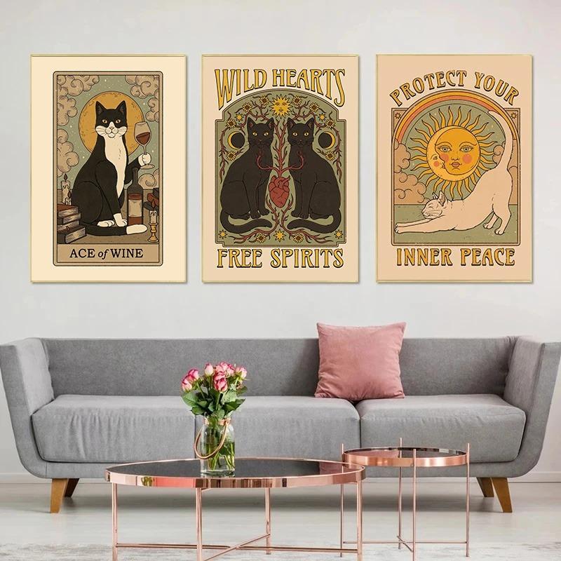 Abstract Cat Vintage Tarot The Lovers Sun Moon Illustration Poster and Prints Canvas Painting Wall Art Pictures Home Room Decor