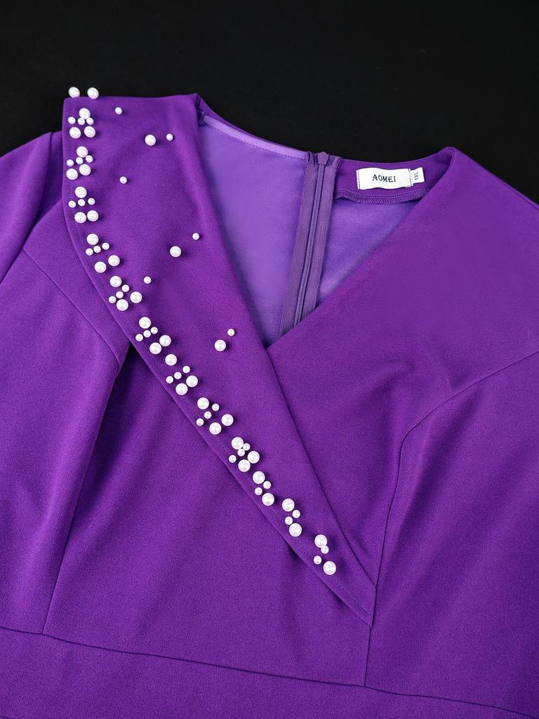 Beaded V-neck Waist-Cinched Long-Sleeve Banquet Midi Dress