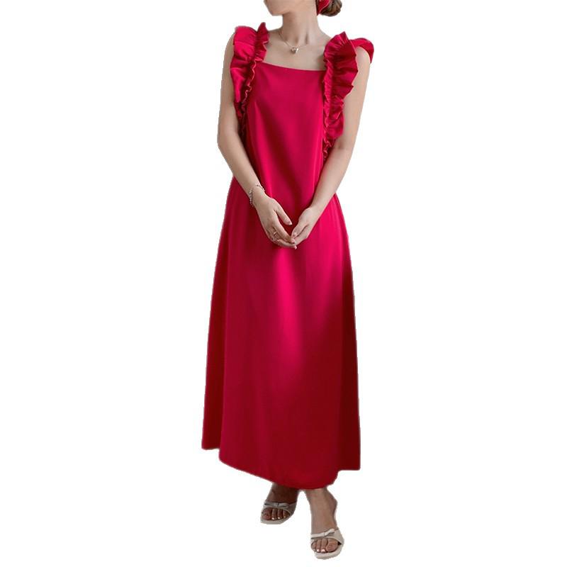 Elegant French Ruffle Spaghetti Strap Long Dress for Women