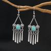 Vintage Ethnic Jewelry Bohemian Antique Silver Color Alloy Imitation Turquoise Tassel Earrings For Women's Party Accessories