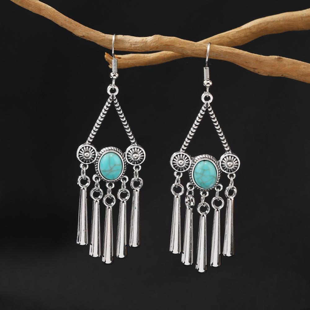 Vintage Ethnic Jewelry Bohemian Antique Silver Color Alloy Imitation Turquoise Tassel Earrings For Women's Party Accessories