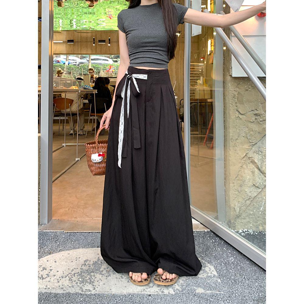 

Lace Patchwork Wide-Leg Casual Pants for Women – High-Waisted, Floor-Length Drape for Spring XL (recommended for 123-135 jin) чорний