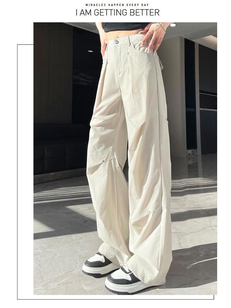 2025 Women's Quick-Dry High Waist Casual Pants – Loose, Elastic, Ice Silk Wide-Leg Overalls for Spring