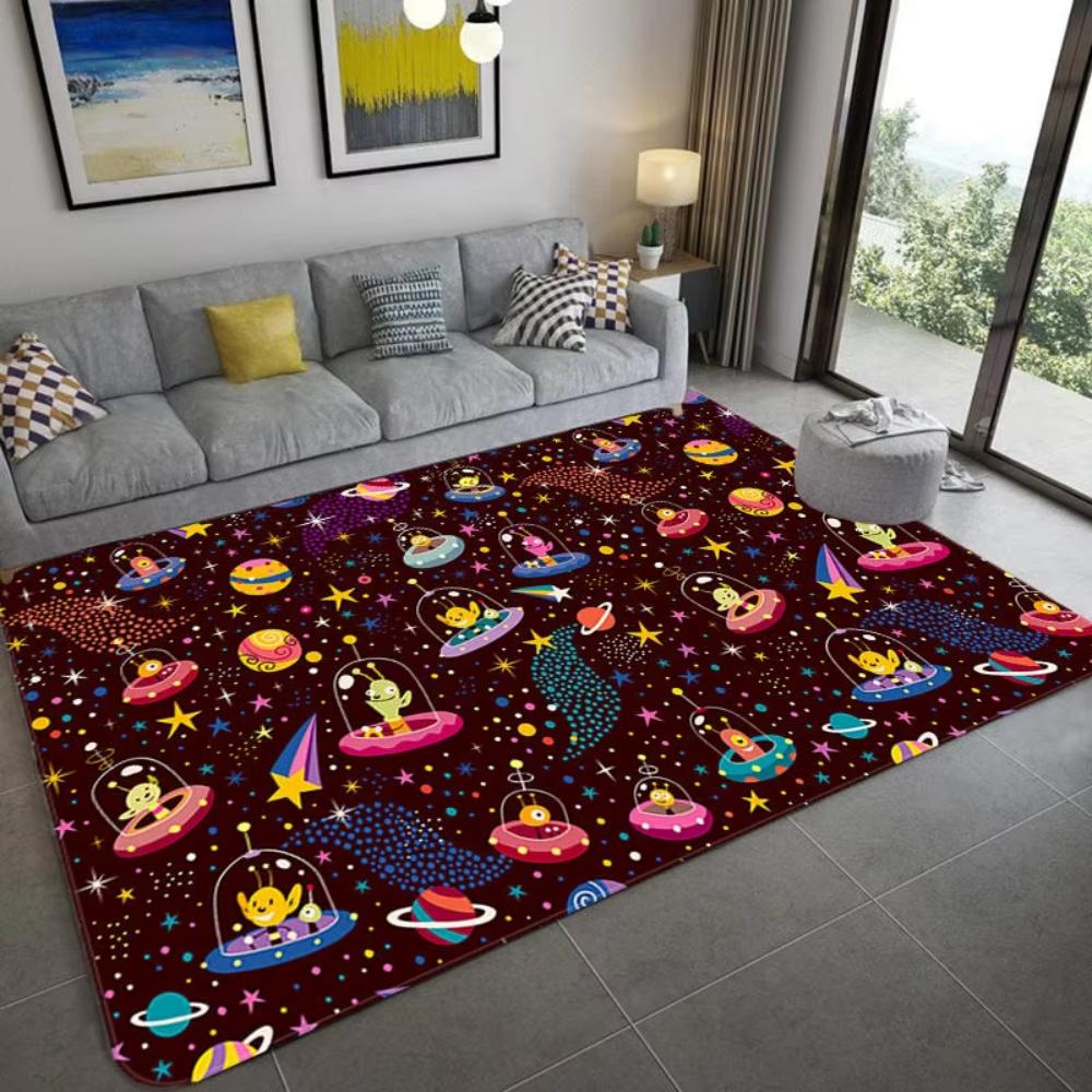 Cartoon Universe Design Childrens Rug Interactive Play Mat for Bedroom Living Room Planet Themed Soft Floor Carpet Decor Gift