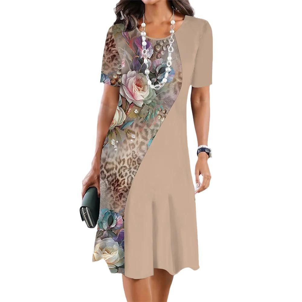 Summer Women's Round Neck Short Sleeve Printed Fashion Loose Midi Dress