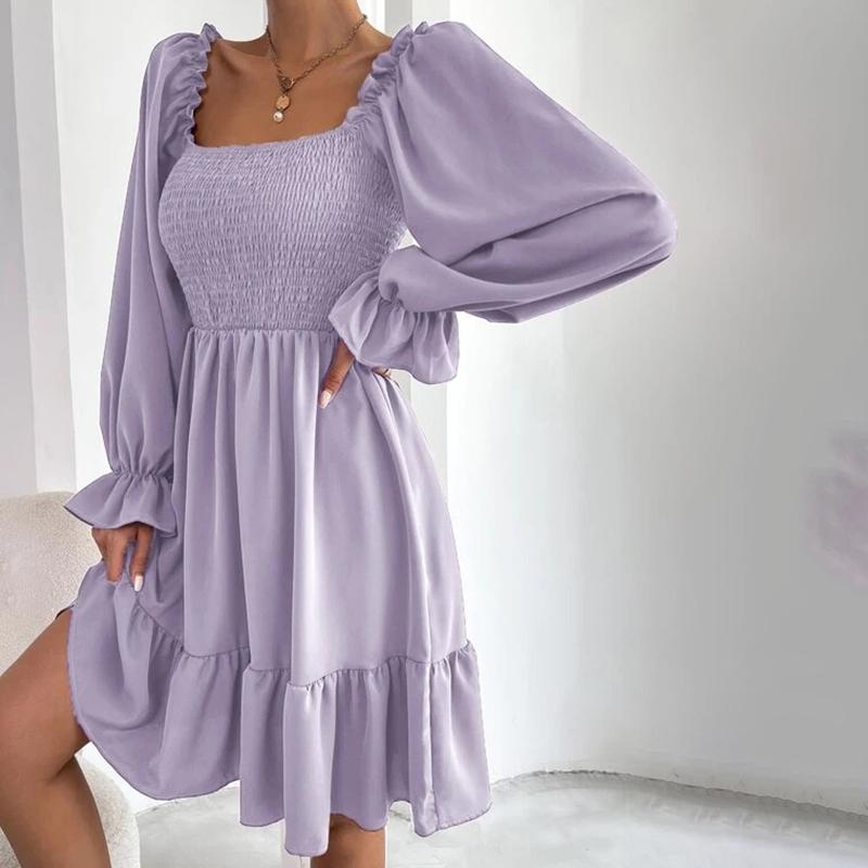 2025 French Minimalist Square-Neck Dress Long-Sleeve High-Waisted Bodycon Dress with Flounced Hem