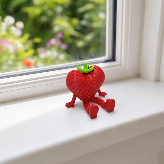 3D Printed Fruit Figure with Movable Joints, Collectible Articulated Red Strawberry Figurine for Home Office Executive Desk Decor