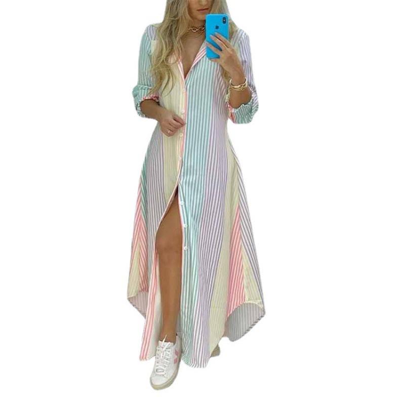 2026 Women's Stand-Up Collar Button Print Loose Long-Sleeve Irregular Dress