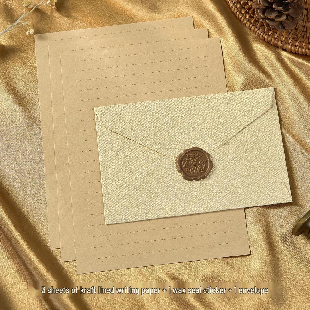 Chinese Style Retro Hemp Envelope & Stationery Set with Kraft Paper and Sealing Wax