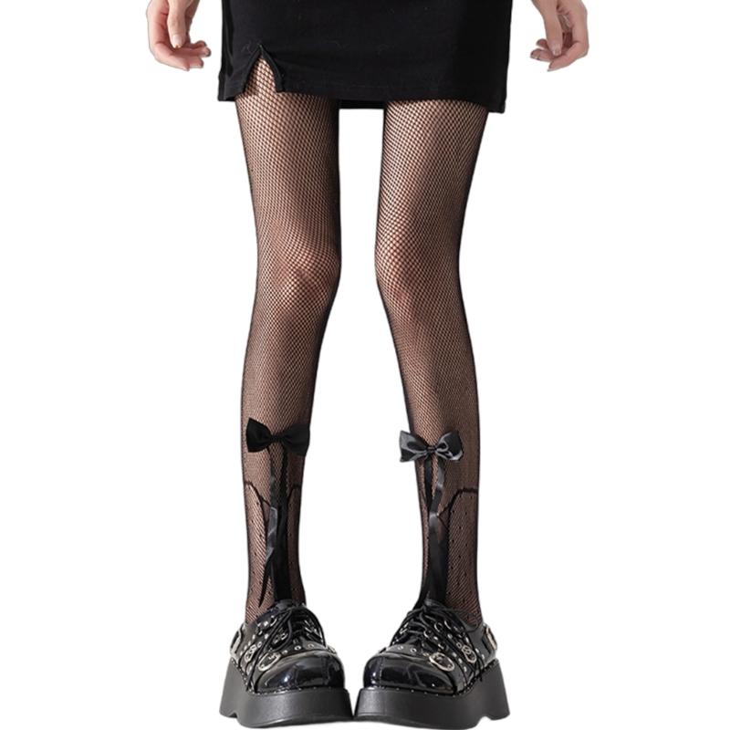 Women Japanese Ballet Sheer Mesh Pantyhose Stockings Crisscross Pattern Cute Ribbon Bowknot Fishnet Tights Leggings