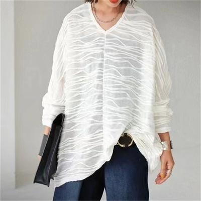 Spring Autumn Solid Color Loose Casual Tee Women Batwing Long Sleeve Folds V-neck Pullover T-shirt Female Top