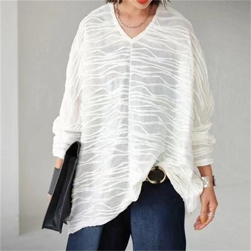 

Spring Autumn Solid Color Loose Casual Tee Women Batwing Long Sleeve Folds V-neck Pullover T-shirt Female Top onesize белый