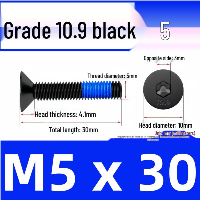 Black Anti-Slip Flat Cup Screw with Adhesive Blue Glue, Countersunk Hexagon Socket, Available in M2-M8 Sizes