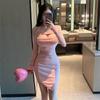 American Sexy Spicy Girl Pink Halter Long-sleeve Dress for Women, New Winter Slimming Fashion Hip-hugging Short Skirt
