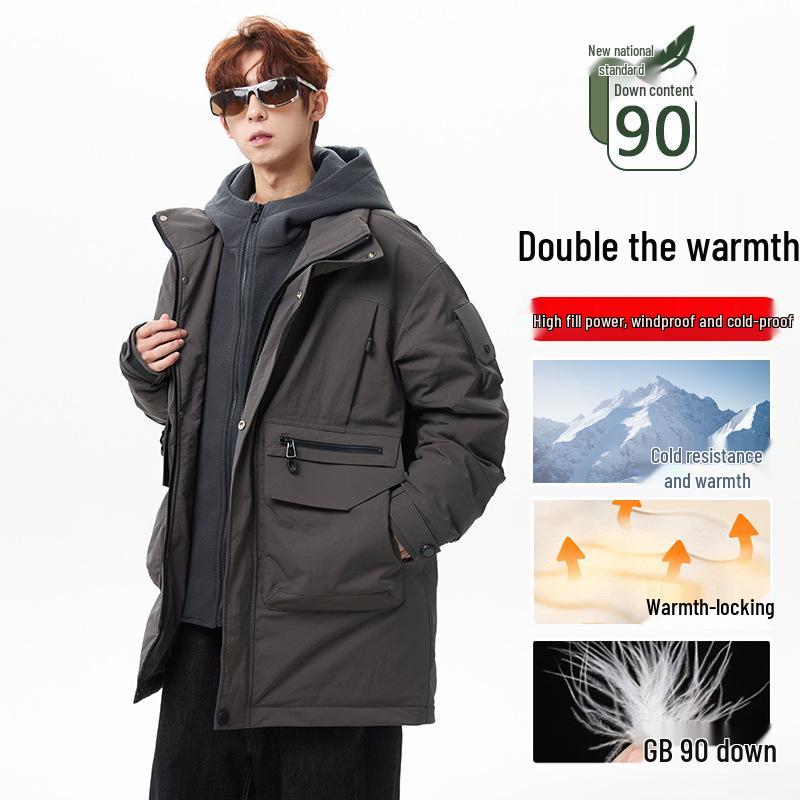 Men's Waterproof Cold-Resistant Down Jacket - 90% White Duck Down, Winter Casual Thickened Workwear, Trendy Design